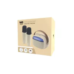 WE POP Mini enceinte karaoké à led + poignée, BT 5.4, rechargeable, 2 micros avec 5 sons, beige