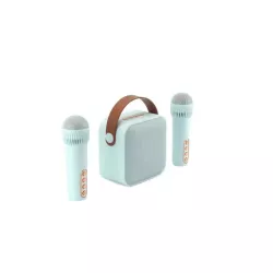WE POP Mini enceinte karaoké + poignée, BT 5.4, rechargeable, 2 micros avec 5 sons, style rétro, bleu