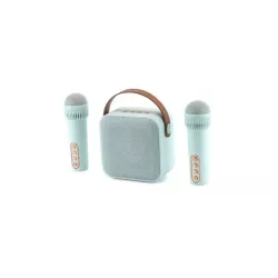 WE POP Mini enceinte karaoké + poignée, BT 5.4, rechargeable, 2 micros avec 5 sons, style rétro, bleu