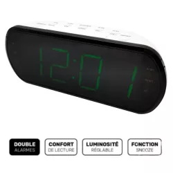 Radio réveil grand affichage écran 1.8'', Radio FM , Dual alarme, led vert 1 port USB intégré pour la charge blanc