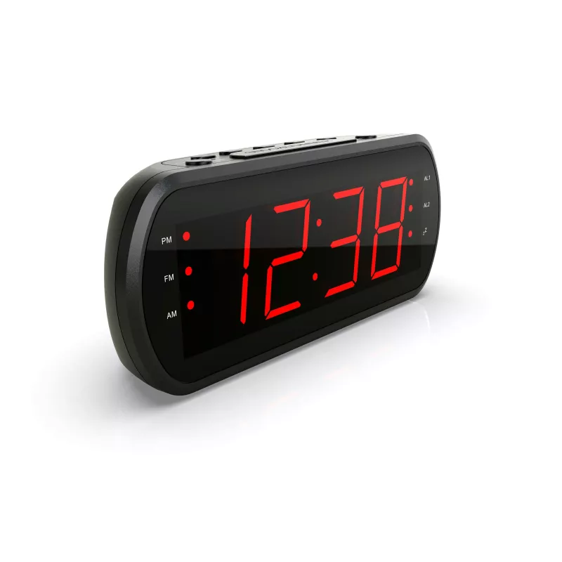 Radio réveil grand affichage écran 1.8'', Radio FM , Dual alarme, Led Rouge 1 port USB intégré pour la charge Noir