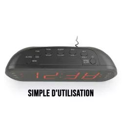 Radio réveil grand affichage écran 1.8'', Radio FM , Dual alarme, Led Rouge 1 port USB intégré pour la charge Noir