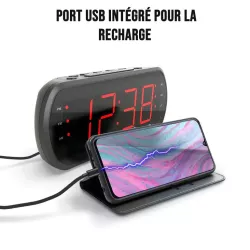 Radio réveil grand affichage écran 1.8'', Radio FM , Dual alarme, Led Rouge 1 port USB intégré pour la charge Noir