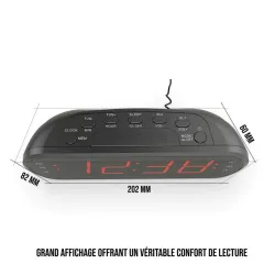 Radio réveil grand affichage écran 1.8'', Radio FM , Dual alarme, Led Rouge 1 port USB intégré pour la charge Noir