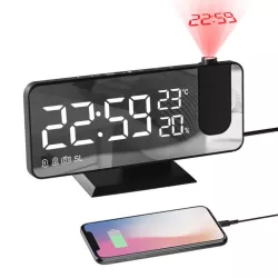 Radio réveil grand affichage avec projecteur,ecran effect miroir port USB pour la charge prise secteur inclus, noir