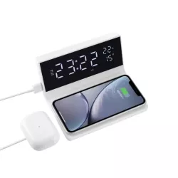 Réveil avec chargeur induction à 15W max, double alarme, lumiosité réglable, 1 port USB pour la charge, affichage l'heure, la…