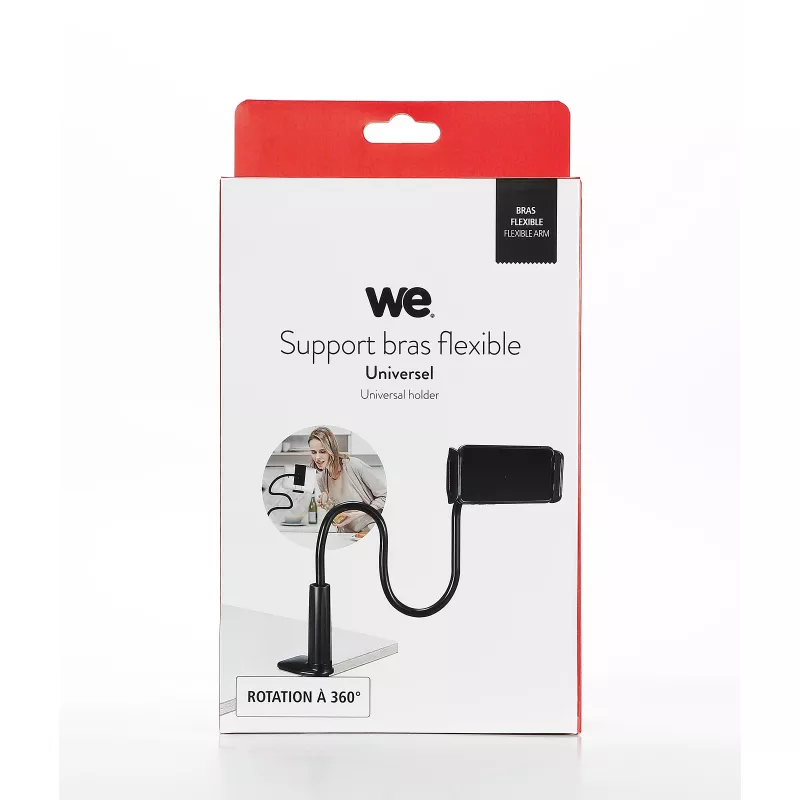 Support WE universel avec long bras flexible de couleur noir. Compatible avec de très nombreux produits ! Multi-usages. Noir
