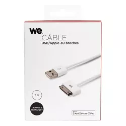 Câble USB Apple 30 pin blanc - 1m - compatible i4/4S
