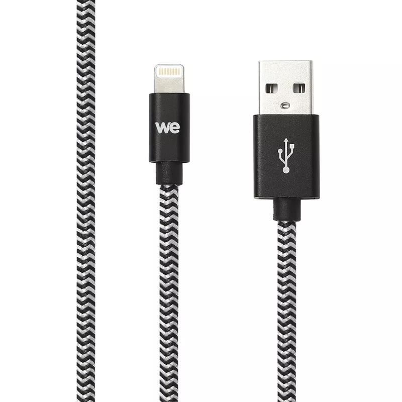 Câble USB-C/Lightning nylon tressé 2m - noir & blanc Charge rapide Connecteurs en métal