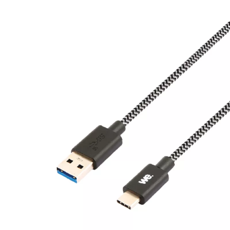 Câble USB-C mâle/USB A mâle tressé 2 m - USB 3.1 gen 1 - noir et blanc ne s'emmêle pas