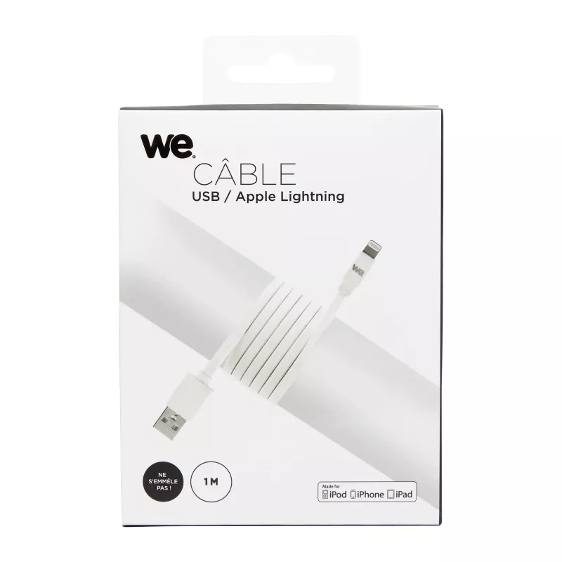 Câble Apple USB/lightning plat: évite de faire des noeuds 1m blanc - en silicone