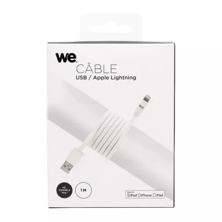 Câble Apple USB/lightning plat: évite de faire des noeuds 1m blanc - en silicone