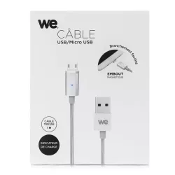 Câble USB/micro USB magnétique argent - nylon tressé - 1m