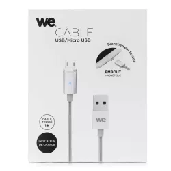 Câble USB/micro USB magnétique argent - nylon tressé - 1m