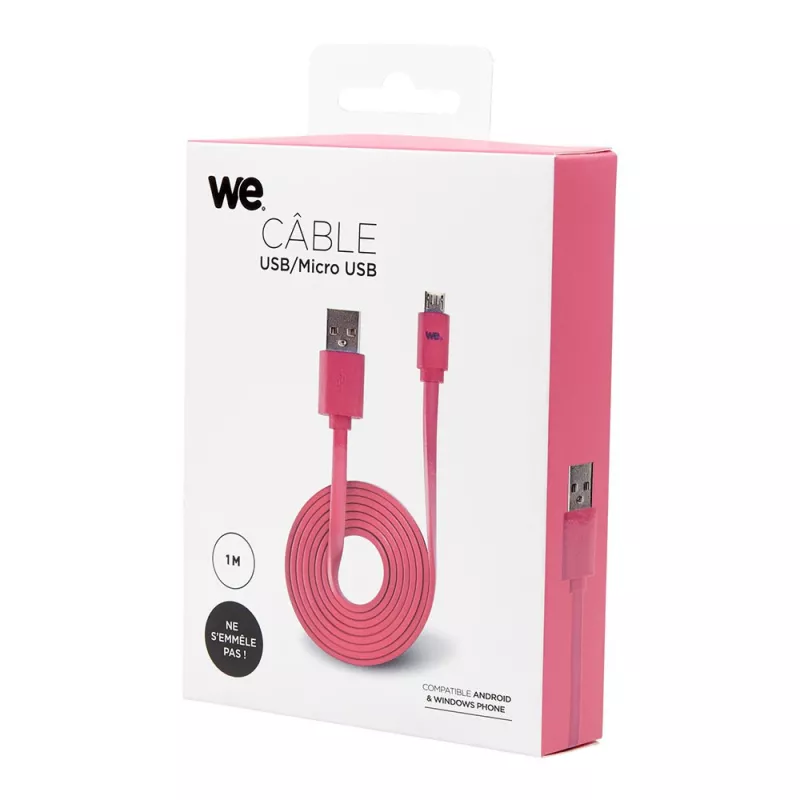 Câble USB/micro USB plat 1m fuchsia - reversible
