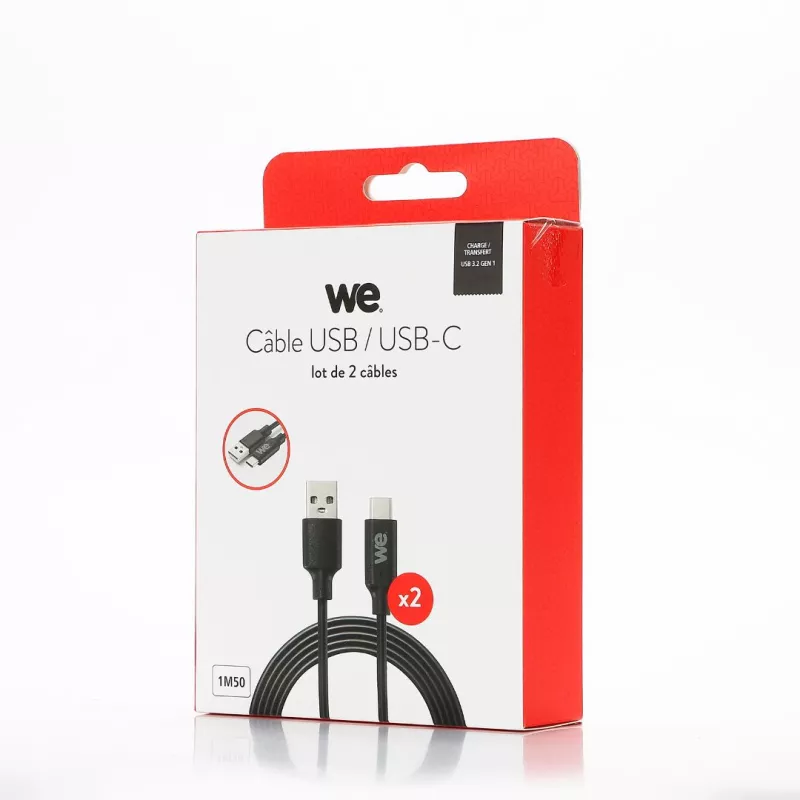 WE Lot de 2 câbles USB/USB-C - 1,50m - USB 3.2 gen 1 - Charge 3A - Transferts jusqu'à 5Gbps - Noir