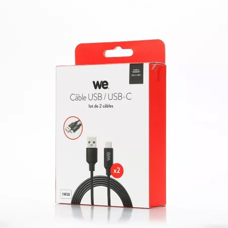 WE Lot de 2 câbles USB/USB-C - 1,50m - USB 3.2 gen 1 - Charge 3A - Transferts jusqu'à 5Gbps - Noir