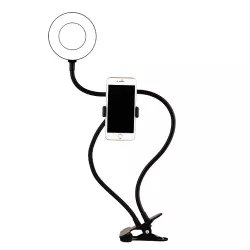 WE Anneau lumineux led avec support téléphone universel et pince d'accroche. 3 modes couleurs et 10 modes de luminosité. Bras…