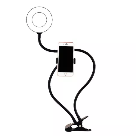 WE Anneau lumineux led avec support téléphone universel et pince d'accroche. 3 modes couleurs et 10 modes de luminosité. Bras…