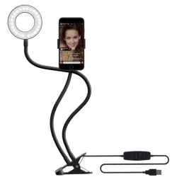 WE Anneau lumineux led avec support téléphone universel et pince d'accroche. 3 modes couleurs et 10 modes de luminosité. Bras…
