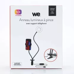 WE Anneau lumineux led avec support téléphone universel et pince d'accroche. 3 modes couleurs et 10 modes de luminosité. Bras…