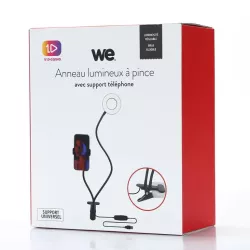 WE Anneau lumineux led avec support téléphone universel et pince d'accroche. 3 modes couleurs et 10 modes de luminosité. Bras…