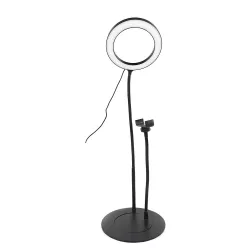 Anneau lumineux D.20 cm avec support téléphone universel sur pied métal séparable. 3 modes couleurs et 10 modes de luminosité…