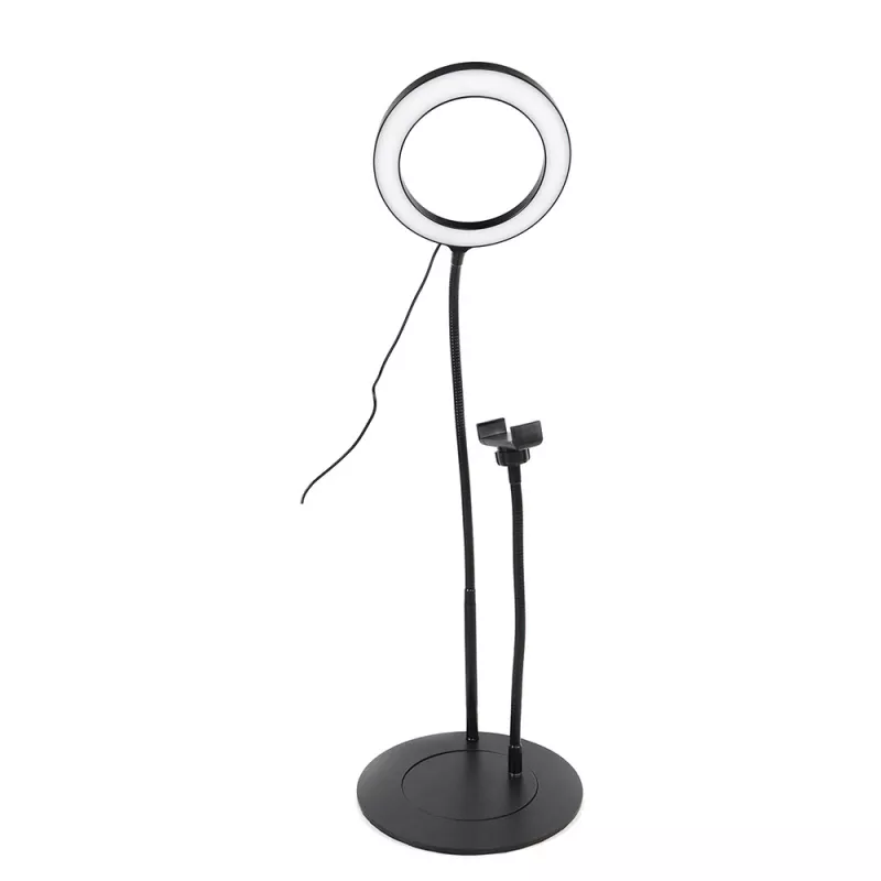 Anneau lumineux D.20 cm avec support téléphone universel sur pied métal séparable. 3 modes couleurs et 10 modes de luminosité…