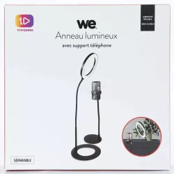 Anneau lumineux D.20 cm avec support téléphone universel sur pied métal séparable. 3 modes couleurs et 10 modes de luminosité…