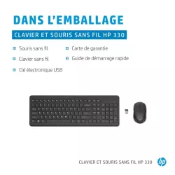 HP 330 Noir - Ensemble combiné clavier et souris sans fil AZERTY - Témoin LED pavé numérique, 1600 dpi, 2.4Ghz