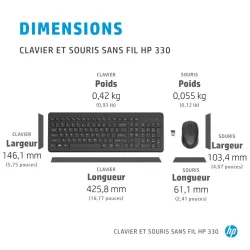 HP 330 Noir - Ensemble combiné clavier et souris sans fil AZERTY - Témoin LED pavé numérique, 1600 dpi, 2.4Ghz
