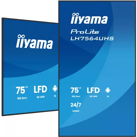 IIYAMA LFD 75 dalle VA 4K UHD 3840x2160 16:9 24/7 2xHDMI USB-C 2xUSB HPs 500cd/m² 6.5ms VESA 500x500 Paysage/portrait…