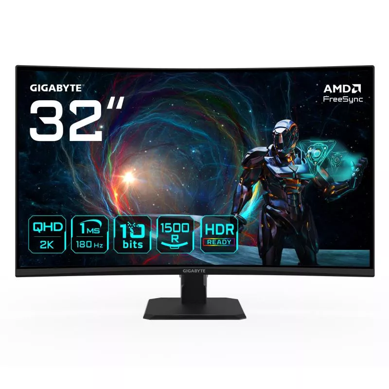 GIGABYTE GS32QCA 31,5" Moniteur Gaming Incurvé QHD - 2560 x 1440, 180Hz, 1ms, 250 cd/m², FreeSync, HDR Ready, HDMI 2.0…