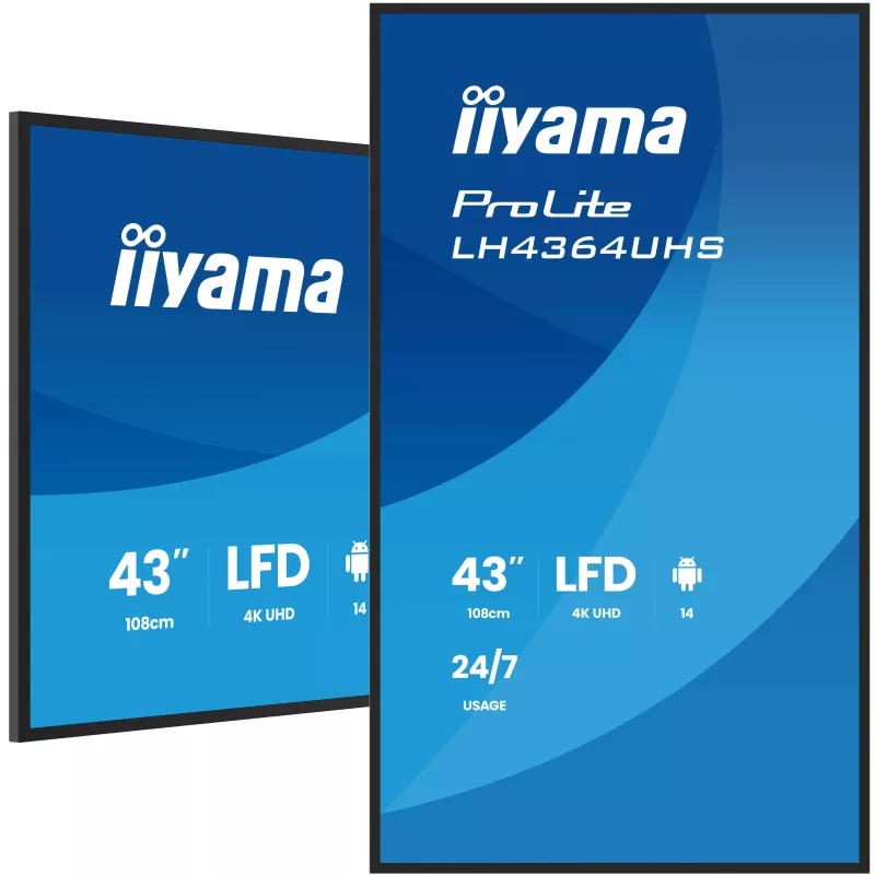 IIYAMA LFD 43 dalle VA 4K UHD 3840x2160 16:9 24/7 2xHDMI USB-C 2xUSB HPs 500cd/m² 6.5ms VESA 300x300 Paysage/portrait…