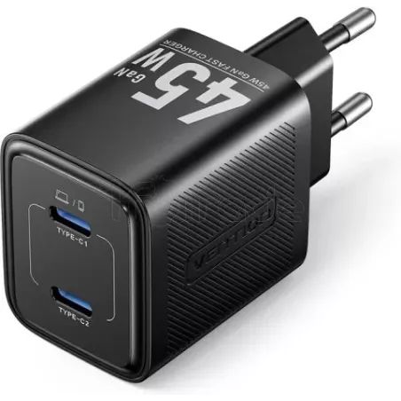 Chargeur secteurVentionGaN 2xUSB-C 45W (Noir) | MonPC.Store